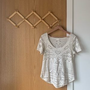 ANTHRO Ivory Embroidered Lace and Mesh Top